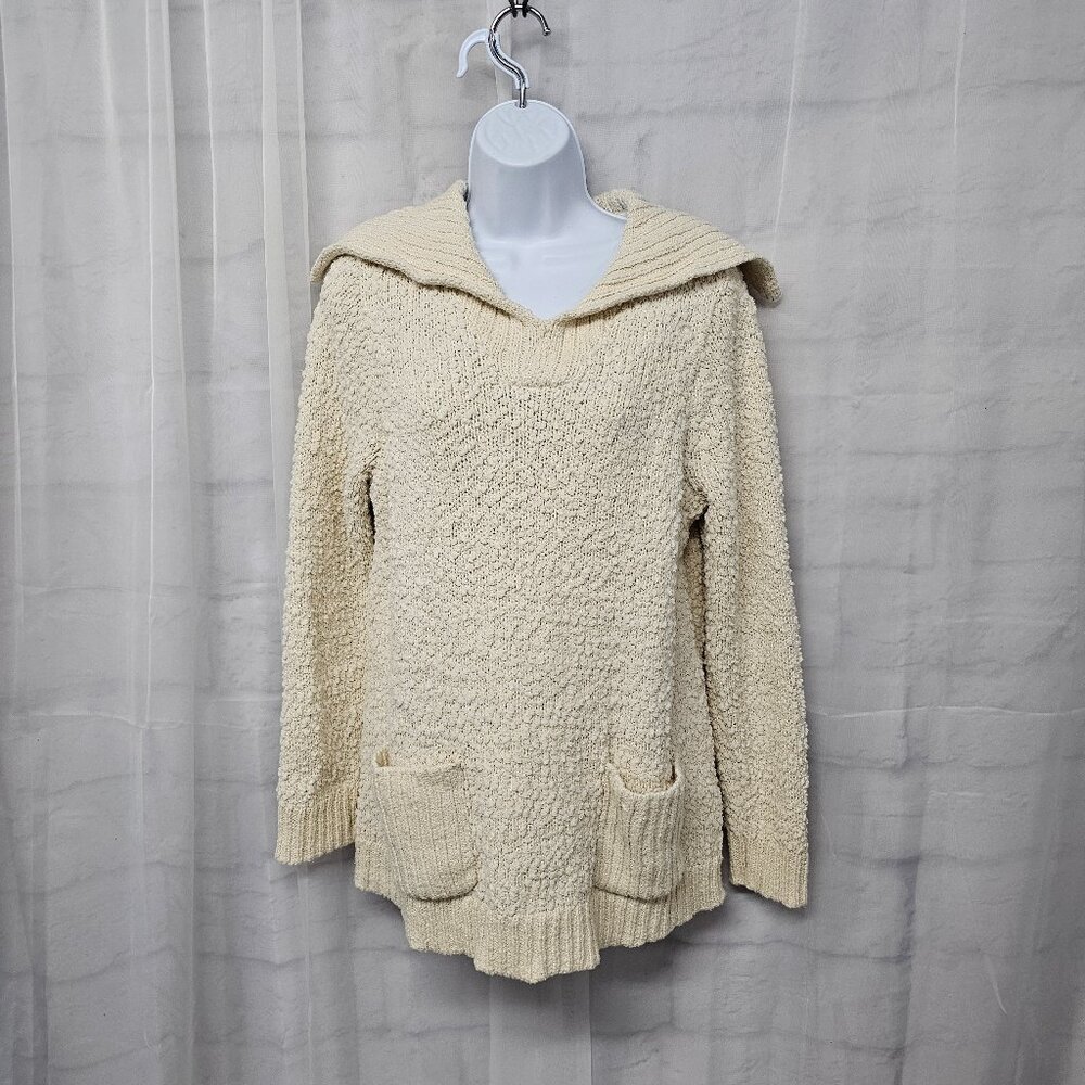J Jill Cream Popcorn Chenille Sweater Fisherman Shawl Collar Preppy M